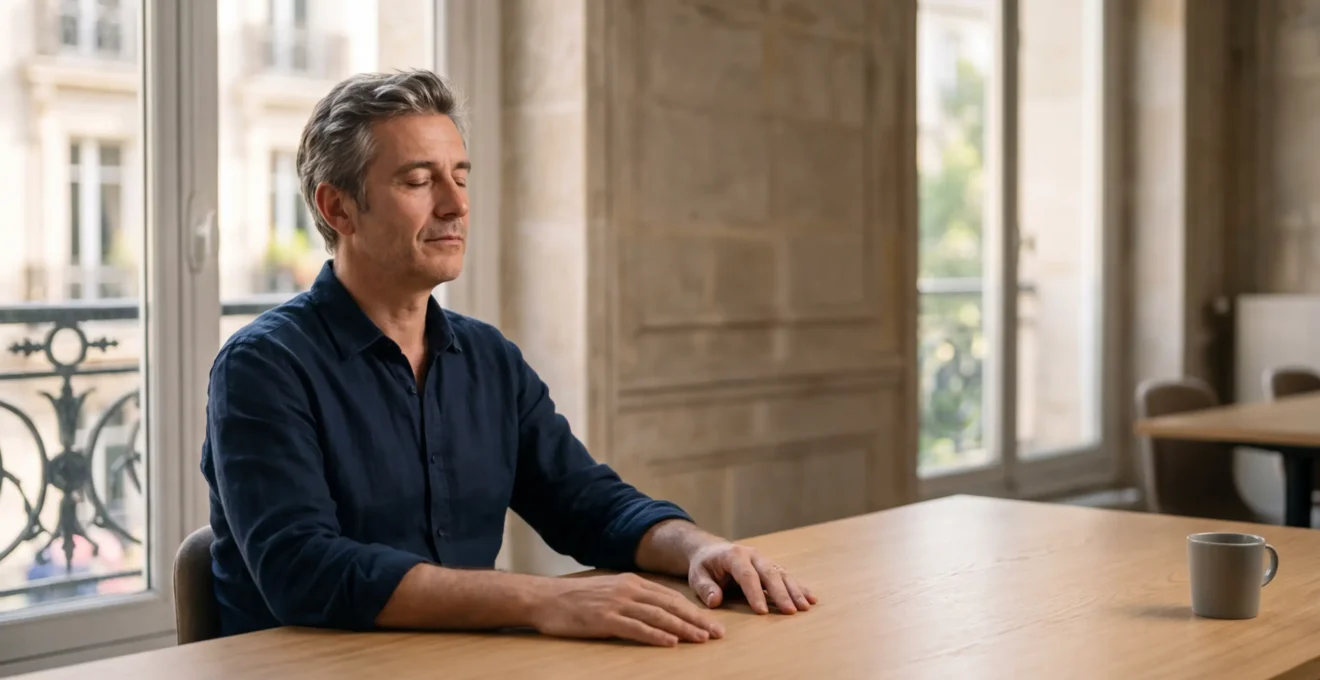 Homme épuisé assis seul dans un bureau éclairé par une lumière naturelle douce