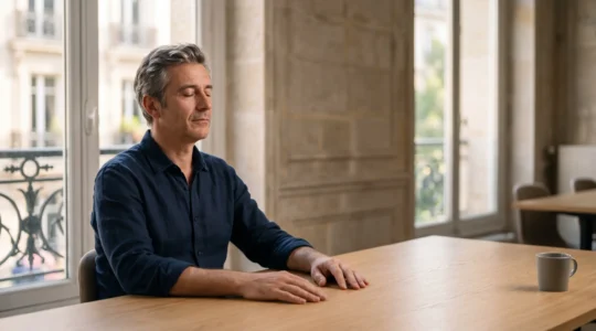 Homme épuisé assis seul dans un bureau éclairé par une lumière naturelle douce