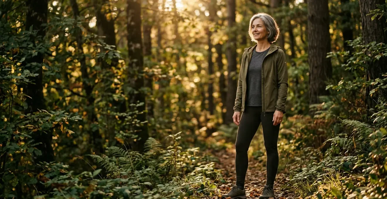 Personne mature épanouie dans un environnement naturel apaisant illustrant la régulation corporelle