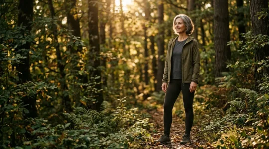 Personne mature épanouie dans un environnement naturel apaisant illustrant la régulation corporelle