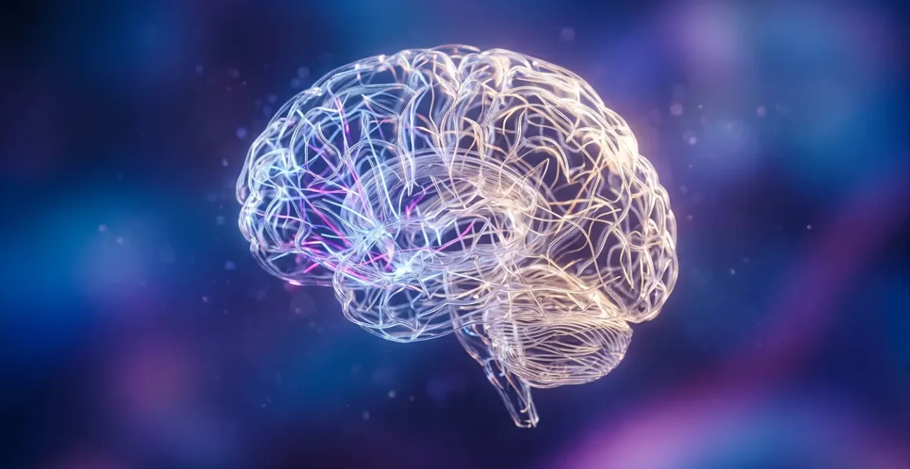 Représentation abstraite de la rééducation cérébrale face à la douleur nociplastique, avec des connexions neuronales colorées