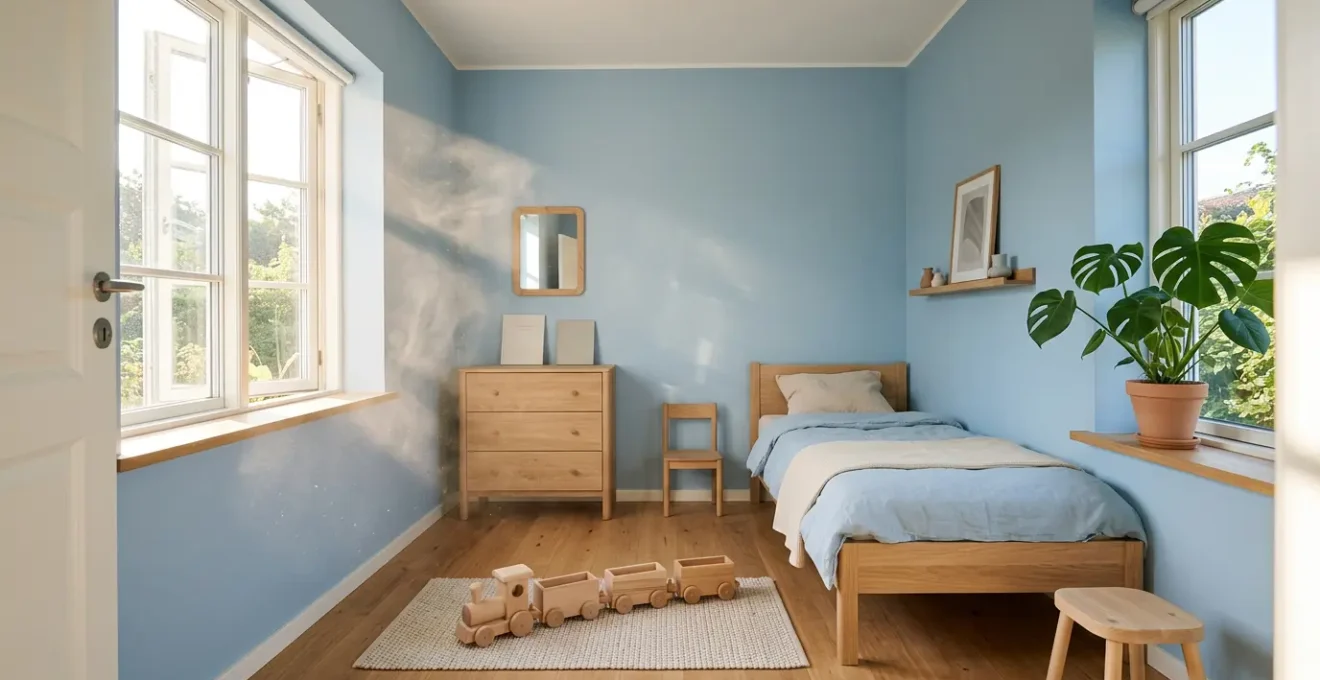 Chambre d'enfant baignée de lumière naturelle avec air frais circulant par une fenêtre entrouverte
