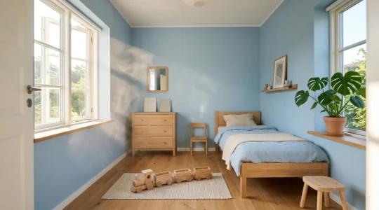 Chambre d'enfant baignée de lumière naturelle avec air frais circulant par une fenêtre entrouverte