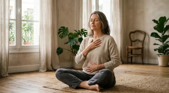Personne en posture méditative pratiquant la cohérence cardiaque dans un environnement apaisant