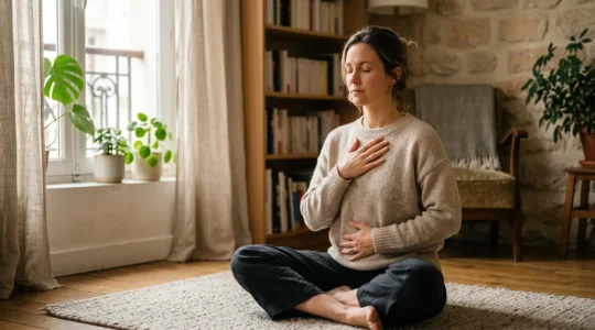 Personne pratiquant une respiration consciente dans un environnement apaisant