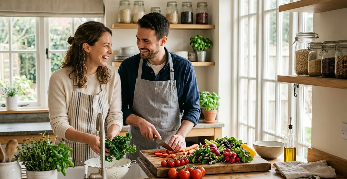 Couple préparant ensemble des aliments biologiques dans une cuisine lumineuse et moderne