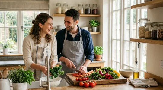 Couple préparant ensemble des aliments biologiques dans une cuisine lumineuse et moderne