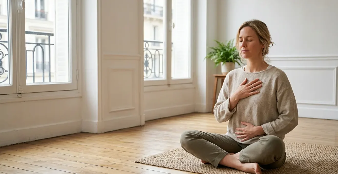 Personne en position méditative ressentant les sensations internes de son corps dans un environnement serein
