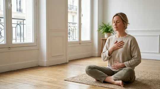 Personne en position méditative ressentant les sensations internes de son corps dans un environnement serein