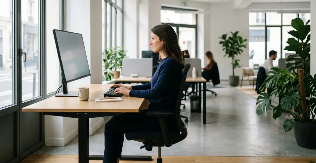 Environnement de bureau ergonomique montrant un professionnel dans une posture correcte avec un écran à hauteur des yeux et un support lombaire visible