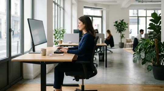 Environnement de bureau ergonomique montrant un professionnel dans une posture correcte avec un écran à hauteur des yeux et un support lombaire visible