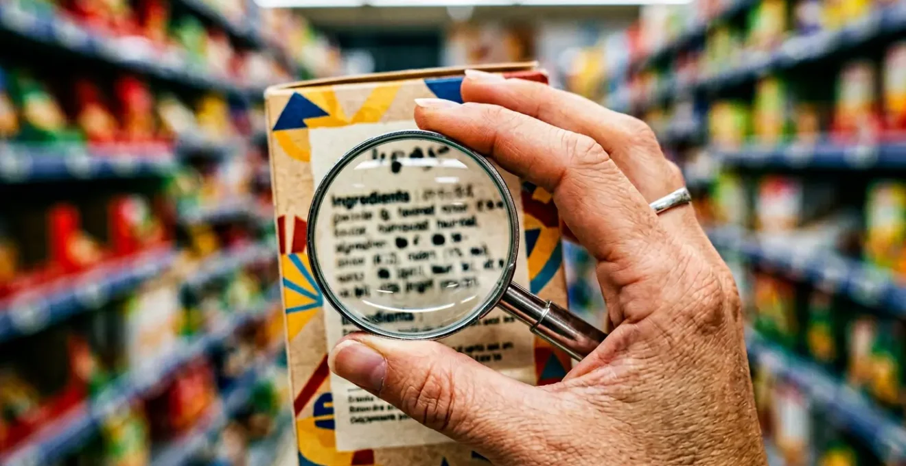 Une main tenant une loupe grossissante examinant l'étiquette d'un produit alimentaire dans un supermarché français