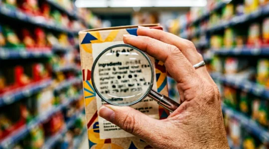 Une main tenant une loupe grossissante examinant l'étiquette d'un produit alimentaire dans un supermarché français