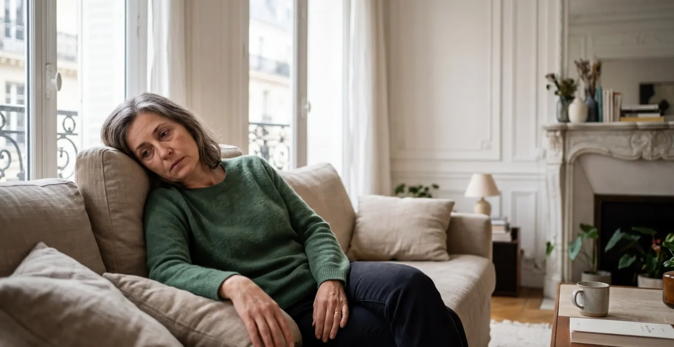 Personne assise sur un canapé dans un intérieur français montrant des signes de fatigue malgré une apparence de bonne santé