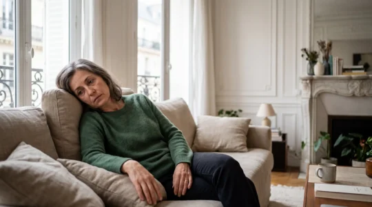 Personne assise sur un canapé dans un intérieur français montrant des signes de fatigue malgré une apparence de bonne santé