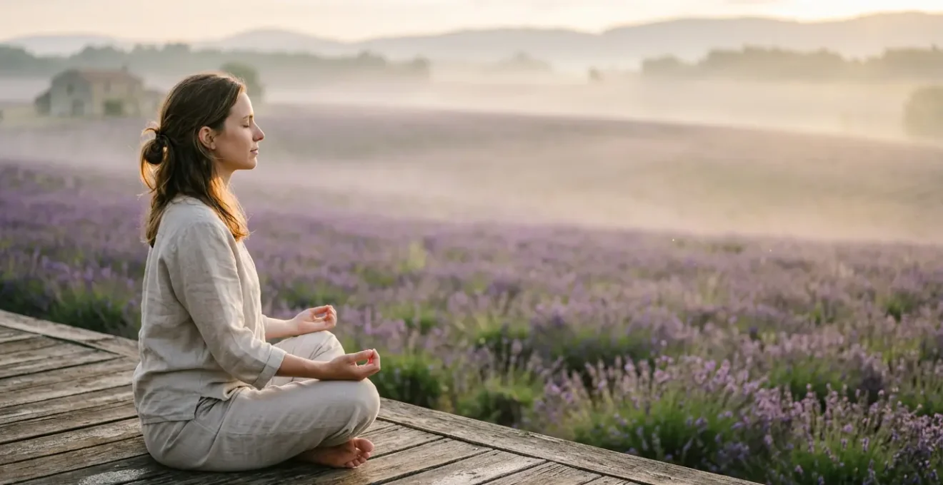 Femme en position de méditation dans un environnement naturel apaisant avec végétation floue en arrière-plan