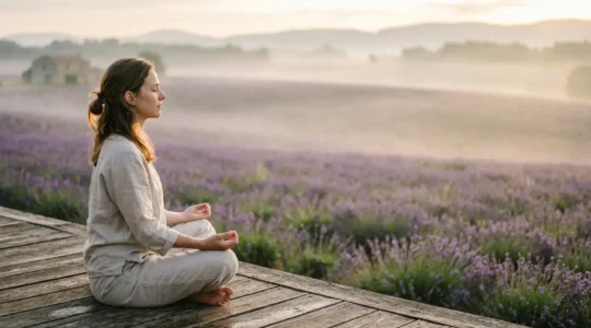Femme en position de méditation dans un environnement naturel apaisant avec végétation floue en arrière-plan