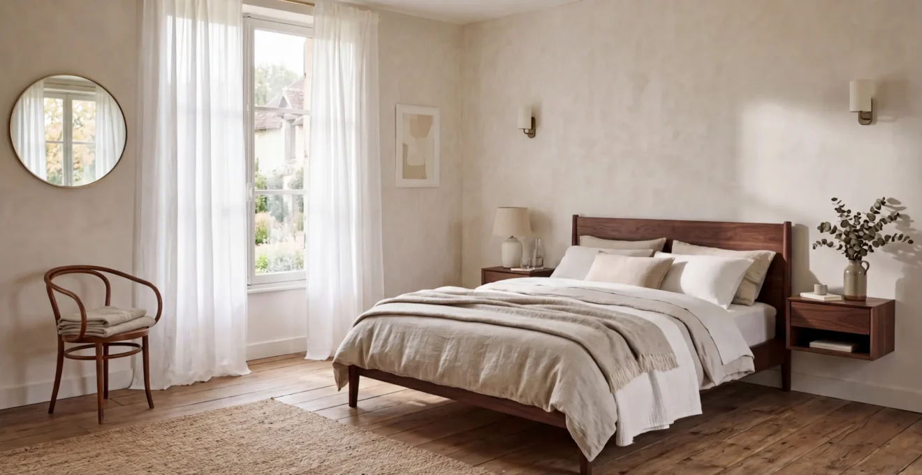 Chambre à coucher harmonieuse avec un lit correctement orienté selon les principes Feng Shui, ambiance apaisante et lumière naturelle douce