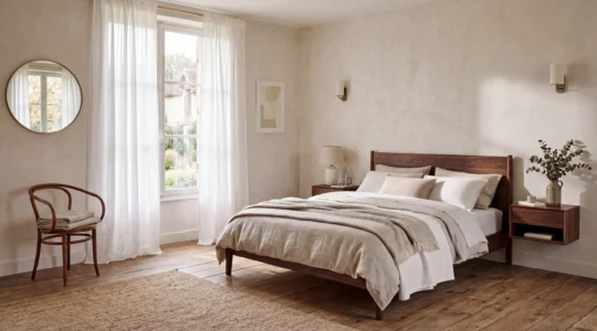 Chambre à coucher harmonieuse avec un lit correctement orienté selon les principes Feng Shui, ambiance apaisante et lumière naturelle douce