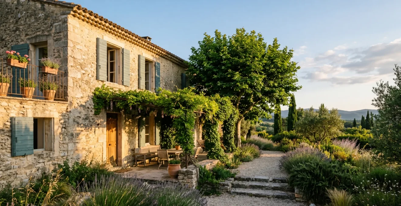 Maison traditionnelle française avec ventilation naturelle et ombrage végétal en été