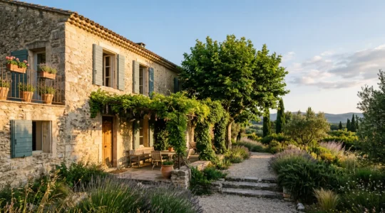 Maison traditionnelle française avec ventilation naturelle et ombrage végétal en été