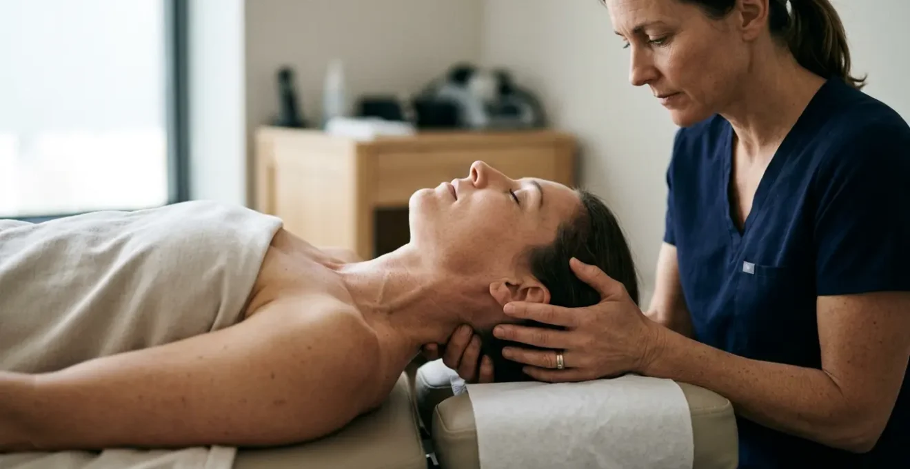 Mains d'ostéopathe positionnées sur le rachis cervical d'un patient lors d'une manipulation structurelle