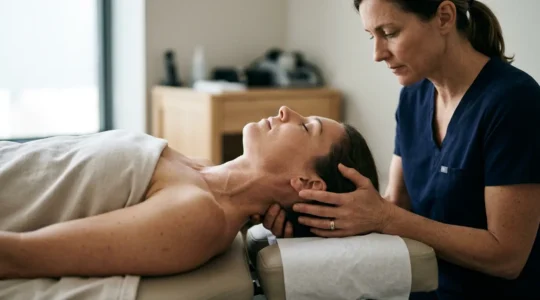 Mains d'ostéopathe positionnées sur le rachis cervical d'un patient lors d'une manipulation structurelle