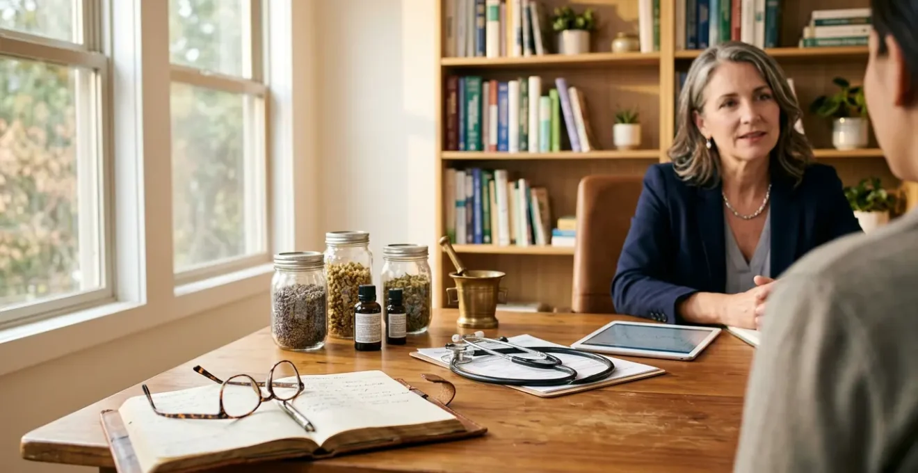 Cabinet de consultation médicale avec plantes médicinales et stéthoscope symbole de vigilance face aux dérives