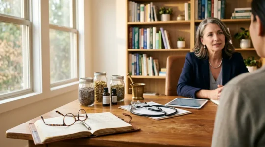 Cabinet de consultation médicale avec plantes médicinales et stéthoscope symbole de vigilance face aux dérives