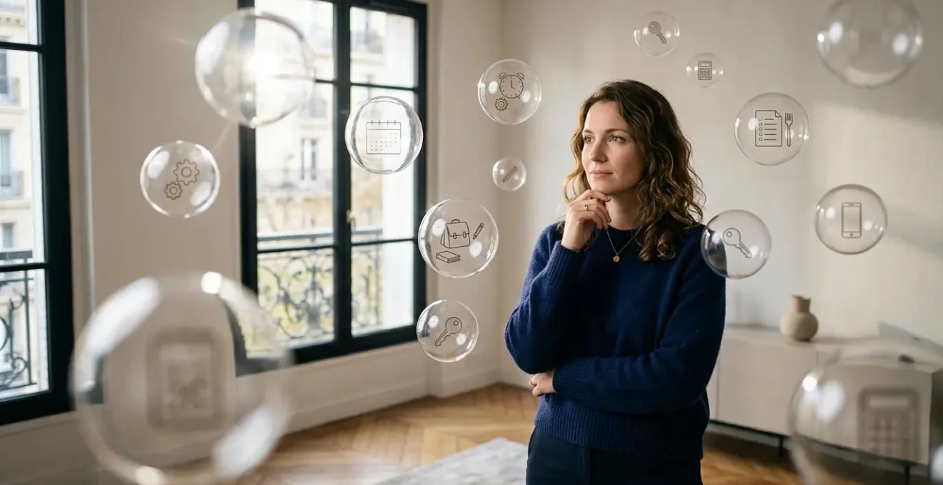 Une mère jonglant métaphoriquement avec plusieurs bulles transparentes représentant les tâches mentales invisibles