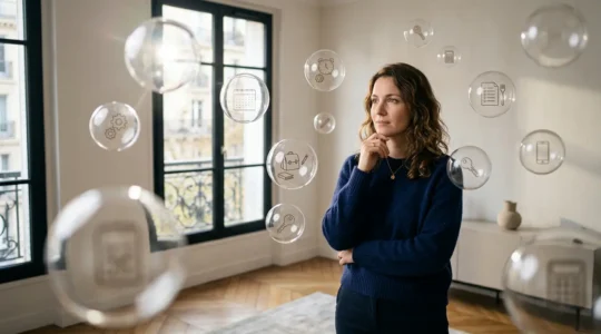 Une mère jonglant métaphoriquement avec plusieurs bulles transparentes représentant les tâches mentales invisibles