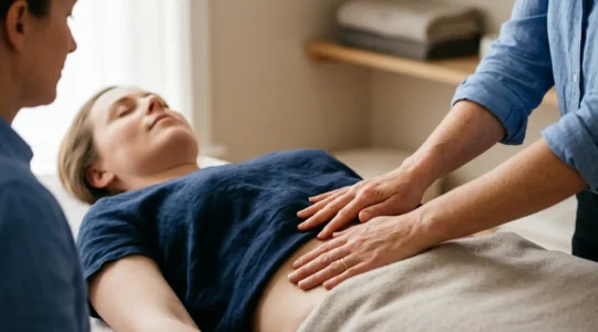Mains d'ostéopathe posées délicatement sur l'abdomen d'une patiente pour une manipulation douce des fascias