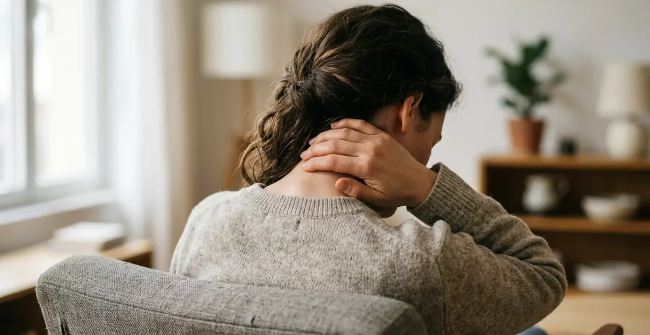 Personne touchant délicatement la base de son crâne dans un environnement apaisant