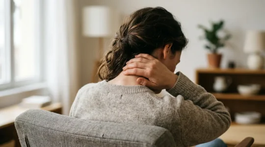 Personne touchant délicatement la base de son crâne dans un environnement apaisant