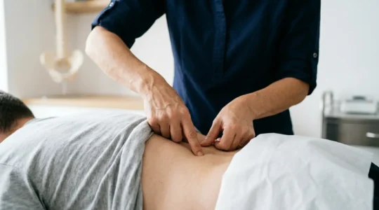 Ostéopathe diplômé effectuant une manipulation vertébrale dans un cabinet médical professionnel