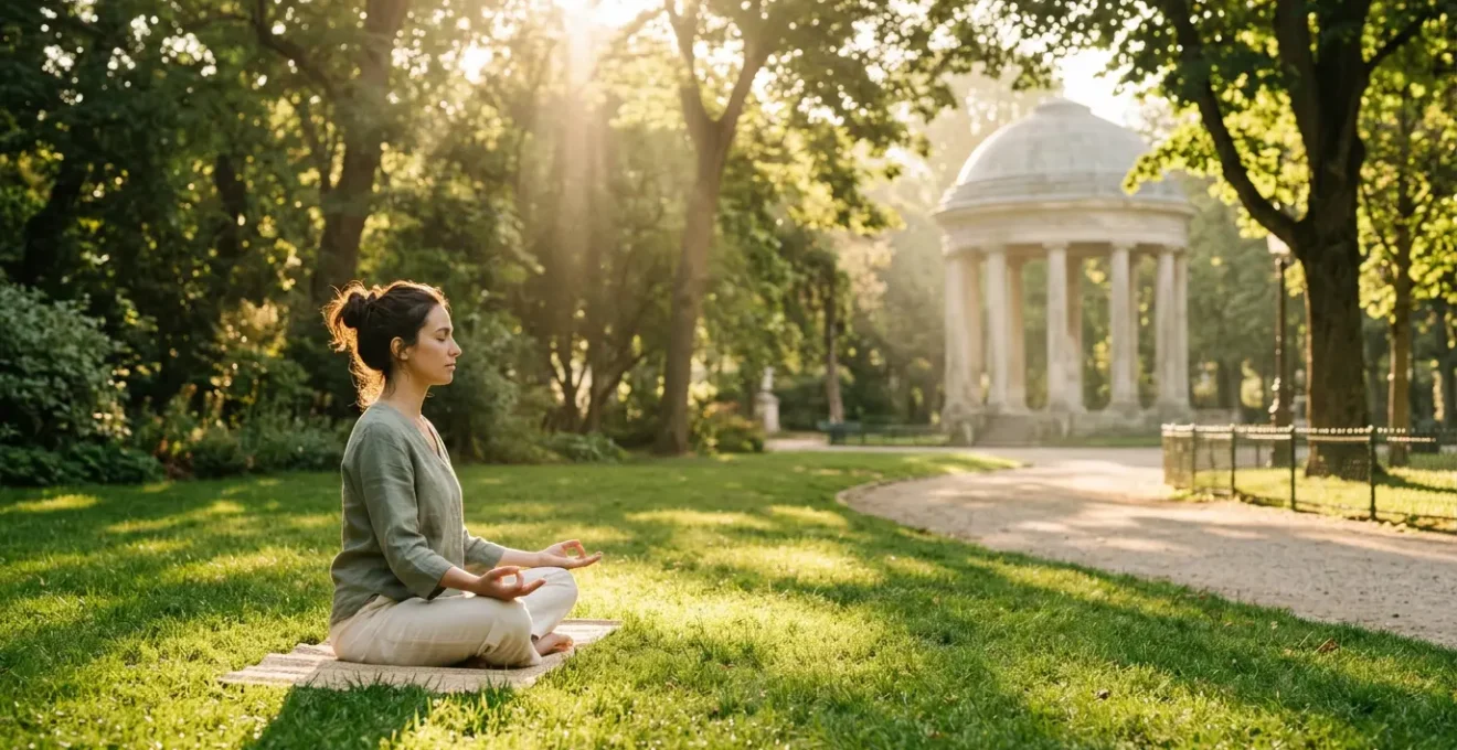 Personne méditant dans un parc parisien verdoyant au lever du soleil