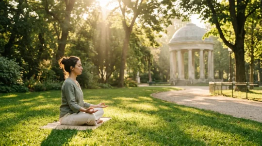 Personne méditant dans un parc parisien verdoyant au lever du soleil