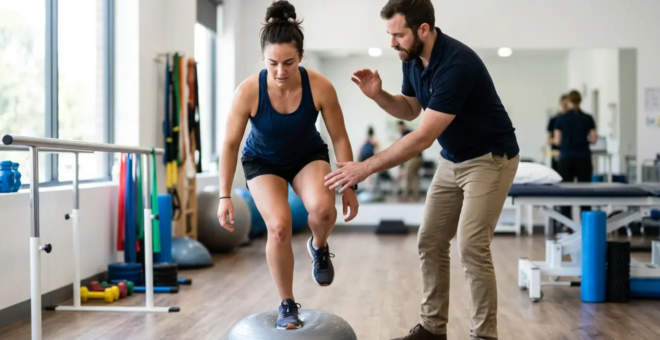 Athlète en séance de rééducation du genou avec kinésithérapeute dans une salle moderne