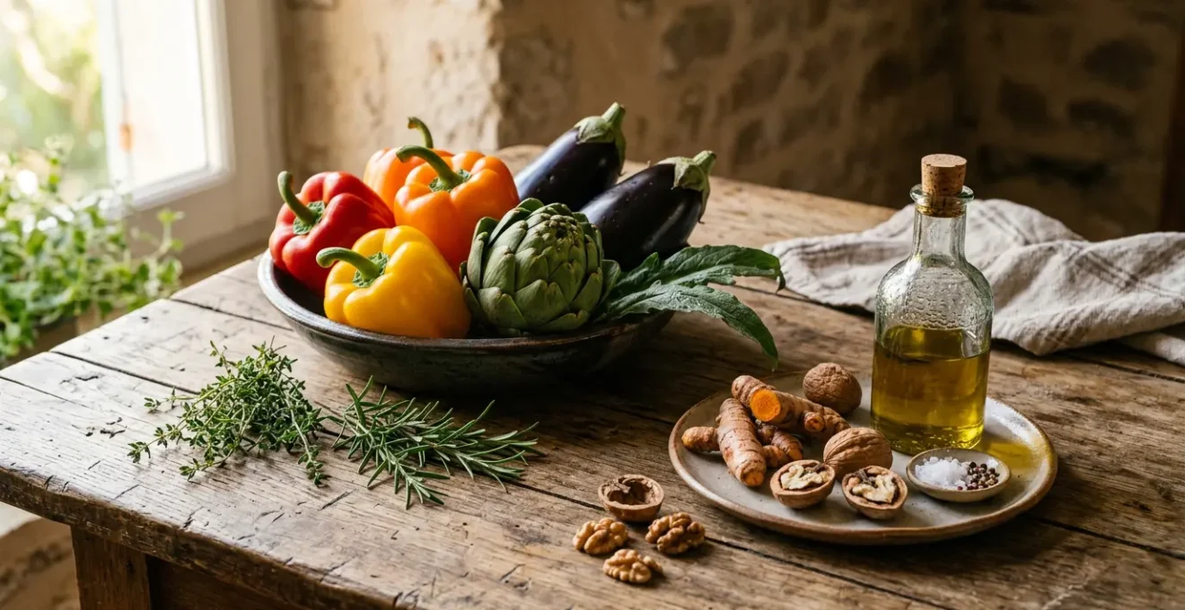 Composition culinaire française anti-inflammatoire avec légumes colorés et épices sur table de bois rustique
