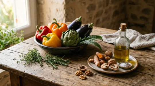 Composition culinaire française anti-inflammatoire avec légumes colorés et épices sur table de bois rustique