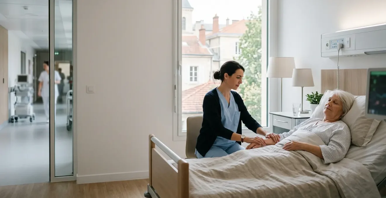 Professionnels de santé accompagnant un patient avec séance de Reiki dans un environnement hospitalier français