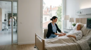 Professionnels de santé accompagnant un patient avec séance de Reiki dans un environnement hospitalier français
