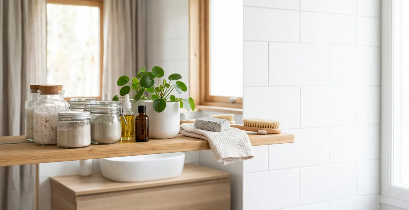 Salle de bain épurée avec produits naturels et plantes vertes