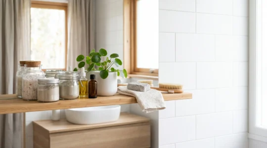Salle de bain épurée avec produits naturels et plantes vertes