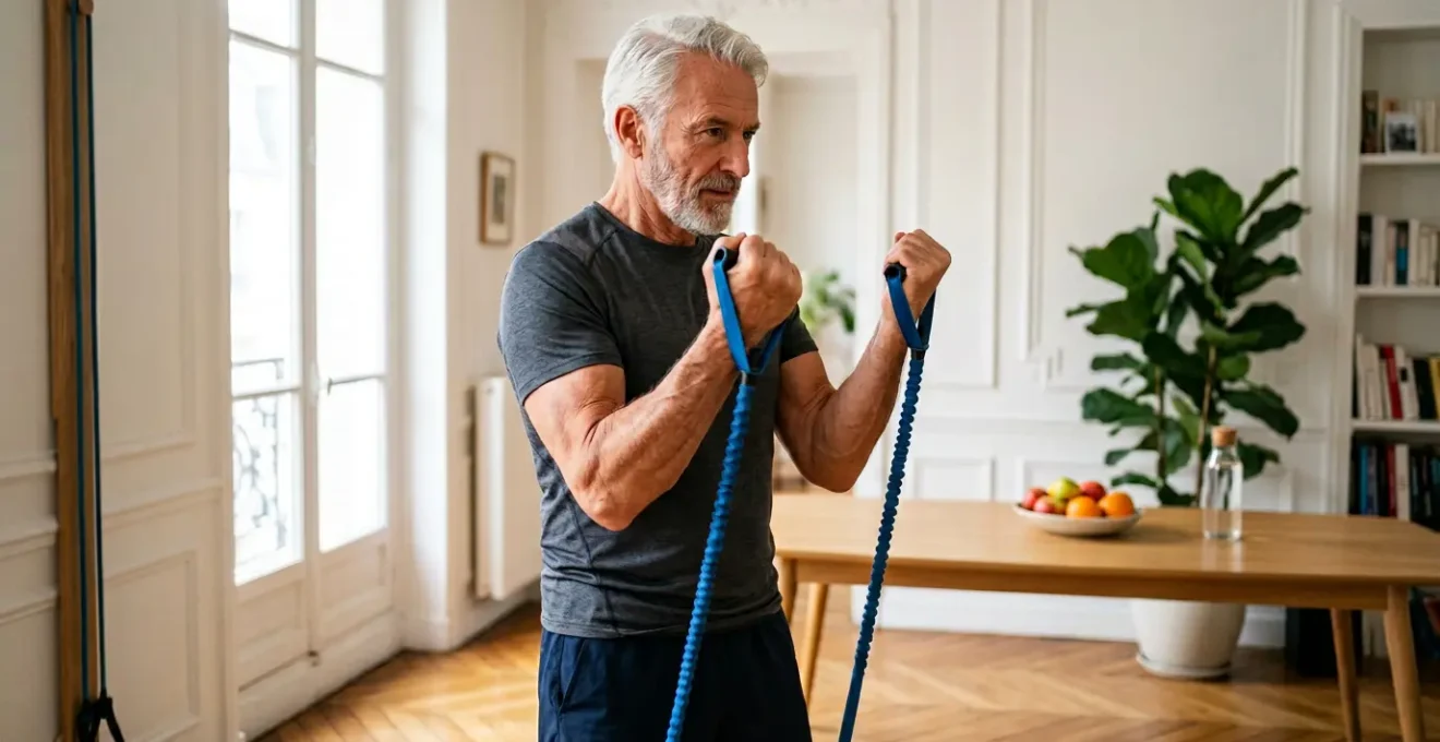 Senior actif pratiquant des exercices de renforcement musculaire avec bandes élastiques dans un environnement lumineux et moderne