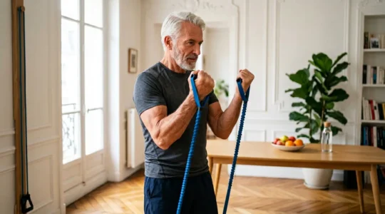Senior actif pratiquant des exercices de renforcement musculaire avec bandes élastiques dans un environnement lumineux et moderne