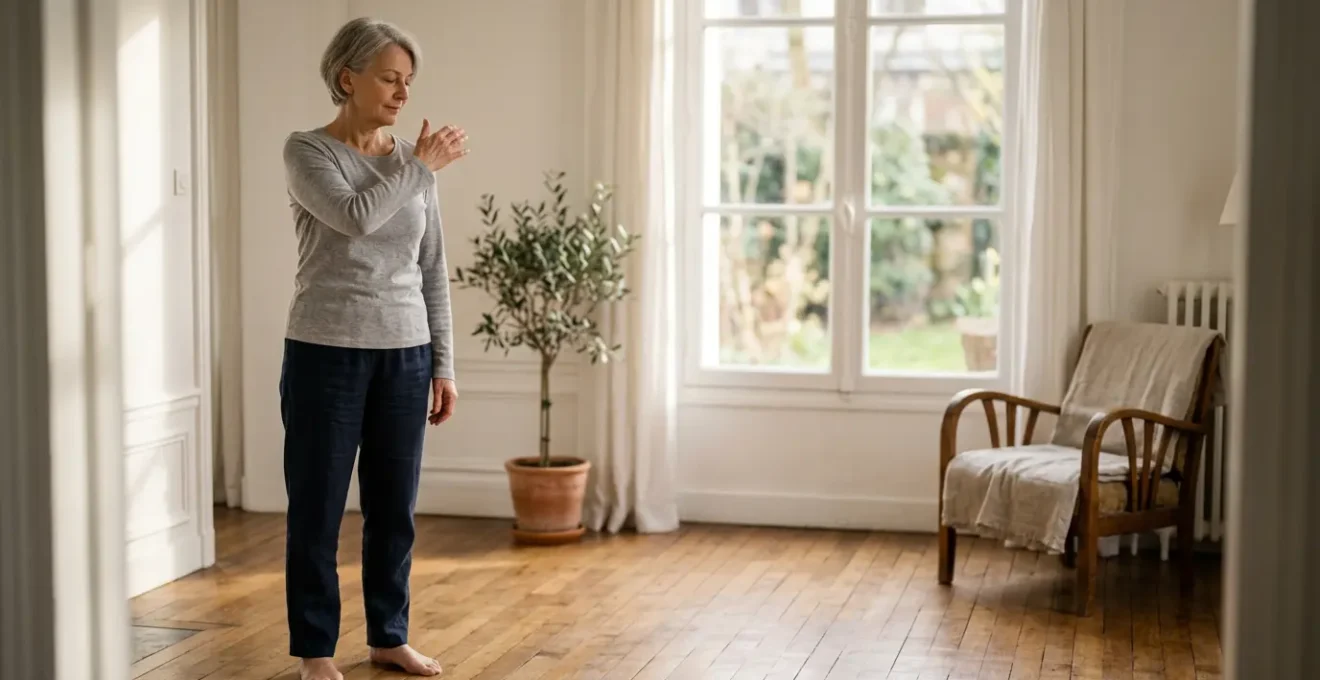 Personne âgée pratiquant des étirements doux au lever du soleil dans un intérieur lumineux