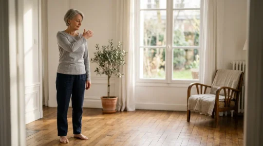 Personne âgée pratiquant des étirements doux au lever du soleil dans un intérieur lumineux