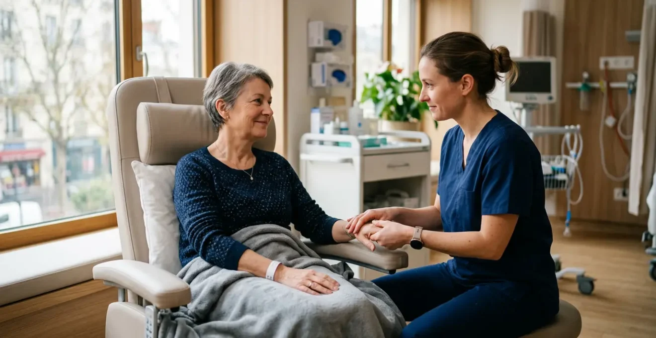 Patient en oncologie bénéficiant de soins de support dans un environnement médical apaisant