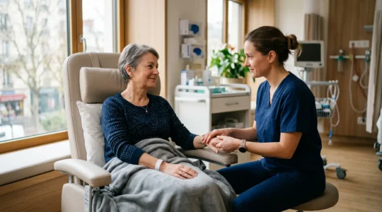 Patient en oncologie bénéficiant de soins de support dans un environnement médical apaisant